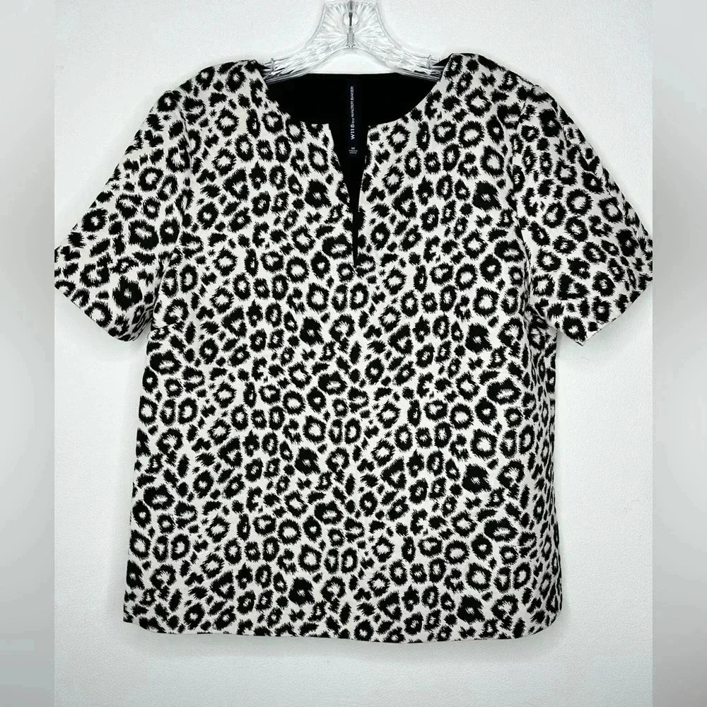 Walter Baker Leopard Animal White Black Short Sleeve Textured Blouse Sz M Office